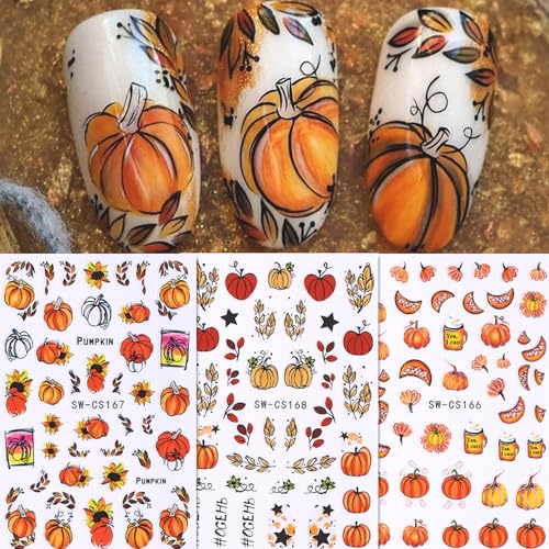 Fall Nail Stickers 6 Sheets Thanksgiving Nail Art Decals Pumpkin Maple Leaves Style 1
