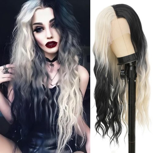 Salaibs White Ombre Black Lace Front Wigs for Women Long Curly Wavy Natural Synthetic Hair Wig for Daily Party Cosplay Halloween Use