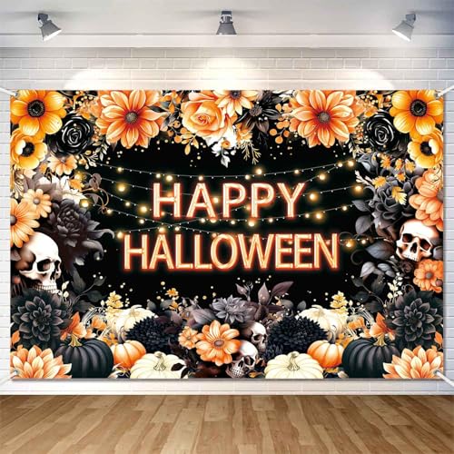 Halloween Photo Backdrop 8x6ft Black Orange Floral Skull Banner - Spooky Party Decor, Indoor Outdoor Photography Prop Variation: Black Orange, Halloween / 8x6ft