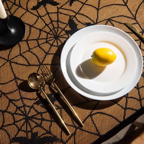 Black Lace Halloween Tablecloth with Spiderweb Bats Pumpkins 54x72 Inches