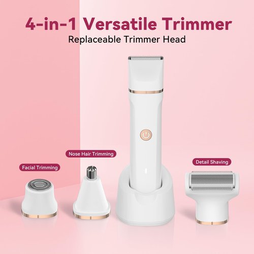 4-in-1 Electric Bikini Trimmer for Women - Painless Electric Razors for Facial/Body/Armpit/Pubic Hair, IPX7 Waterproof Replaceable Shaver Head & Nose Hair Trimmer for Travel, Gifts for Girlfriend Wife