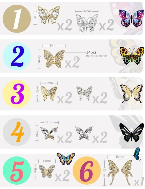 56Pcs Butterfly Nail Charms Crystals Diamonds Rhinestones, Metal 3D Alloy Light Golden Silver Butterflies Charms Shiny Gems Nails Art Decoration Supplies Accessories for Acrylic Nails DIY Manicure