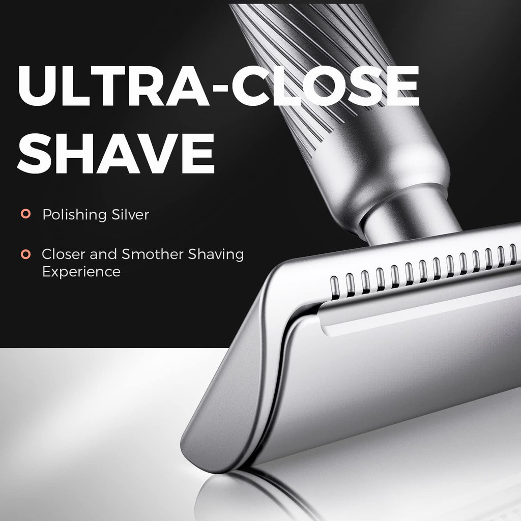 ZOMCHI Double Edge Safety Razor for Men & Women,[New Version 2.0 ] Metal Razor with 10 Double Edge Safety Razor Blades,Single Blade Razor – Noble Silver