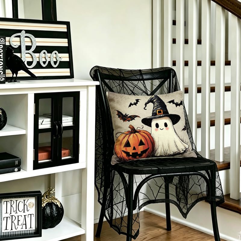 Halloween Ghost Pillow Covers 18x18 Waterproof Outdoor Pumpkin - Black & Orange Variation