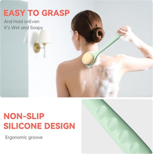CYMPHW Back Scrubber for Shower, 15.7" Loofah with Handle, Back Shower Brush with Bristles and Loofah, Dry Brushing Body Brush for Cleanse Back and Hard to Reach Areas with Curved Long Handle