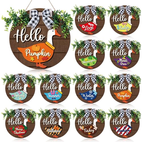 Wooden Goose Welcome Sign with Interchangeable Outfits - Rustic Farmhouse Porch Decor - 13 Pieces - Variation of Goose Outfits