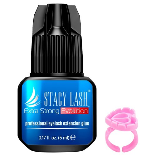 STACY LASH Extra Strong Evolution Eyelash Extension Glue (0.17fl.oz / 5ml) / 0.5-1 Sec Dry/Retention – 8 Weeks/Black Adhesive/Lash Tech Supplies + Glue Ring