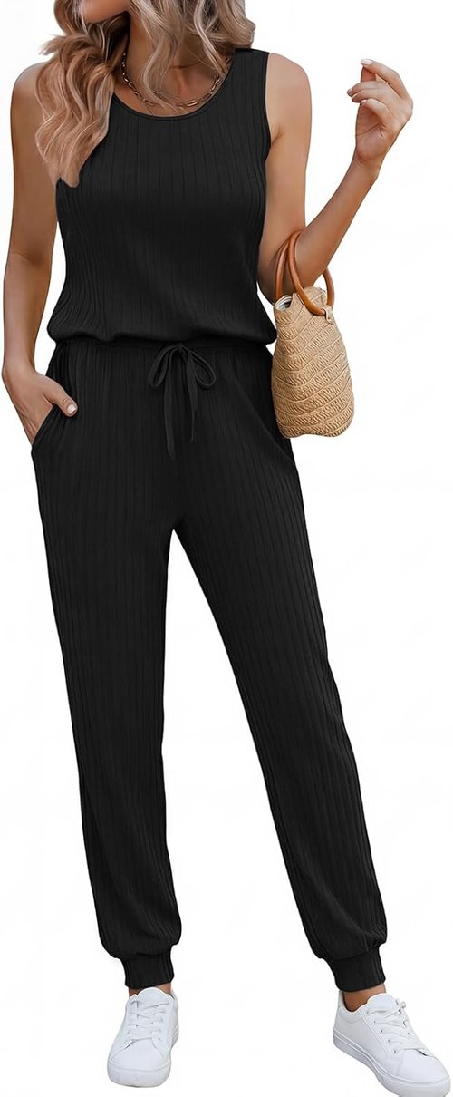Ekouaer Jumpsuit for Women - Casual Summer Sleeveless Ribbed One-Piece Romper | Perfect Vacation Outfit