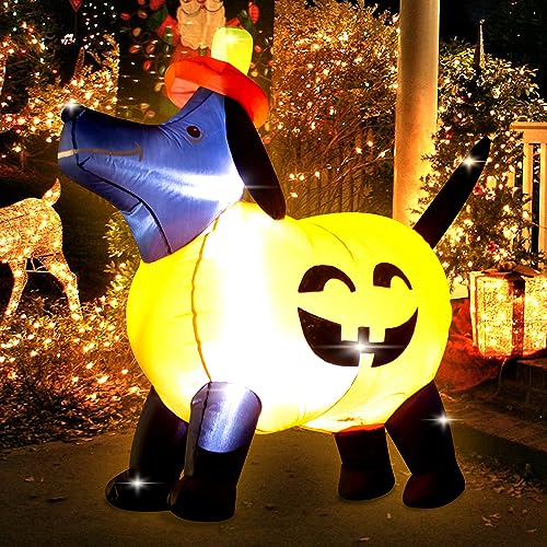 Halloween Inflatable Pumpkin Dog Decoration with LED Lights - 4FT Tall, Outdoor Indoor Yard Decor with Self-Inflating Blower