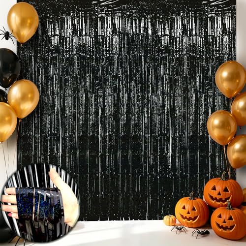 Black Foil Fringe Curtains - 3 Pack, 8.2x3.3ft Party Backdrop for Events - Variation of 3