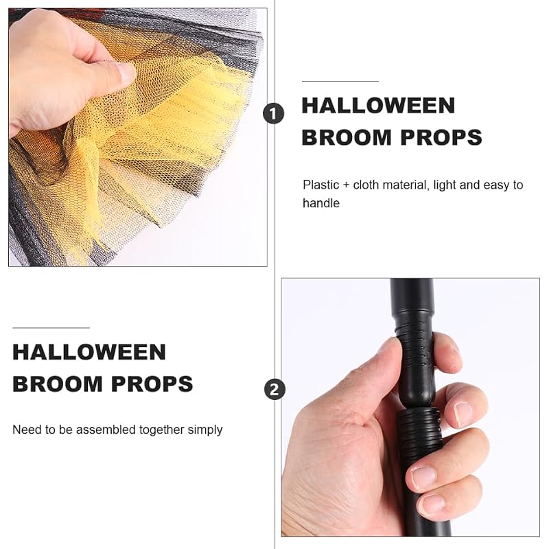 Halloween Witch Broom Prop with Gauze Decoration - Orange Costume Accessory