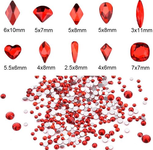 Tisslan 100pcs Glass Red Nail Rhinestones Shapes Mix 720pcs Flat Back Crystal Gem Stones Nail Decoration Charms Bulk Pack Supply