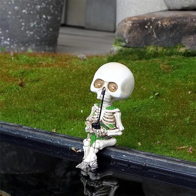 Mini Skeleton Fishing Garden Statue - White Resin Home Decor Sculpture