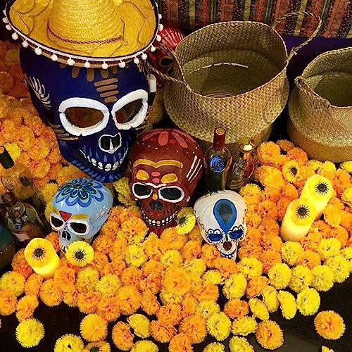 Yellow Artificial Marigold Flowers Bulk 50 Pcs for Day of the Dead Decorations - Faux Silk Floral Stems