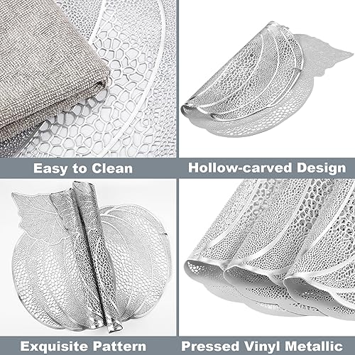 Silver Thanksgiving Pumpkin Placemats Set of 12 - Vinyl Fall Table Decor