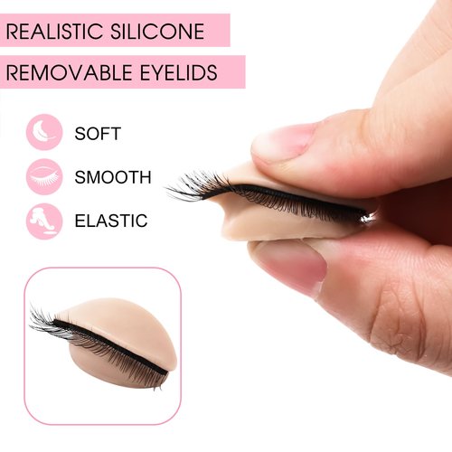 Miuffue 3 Pairs 2 Layers Eyelash Practice Eyelids for Mannequin Head, Silicone Rubber Removable Realistic Eyelash Extension Eyelids for Lash Training