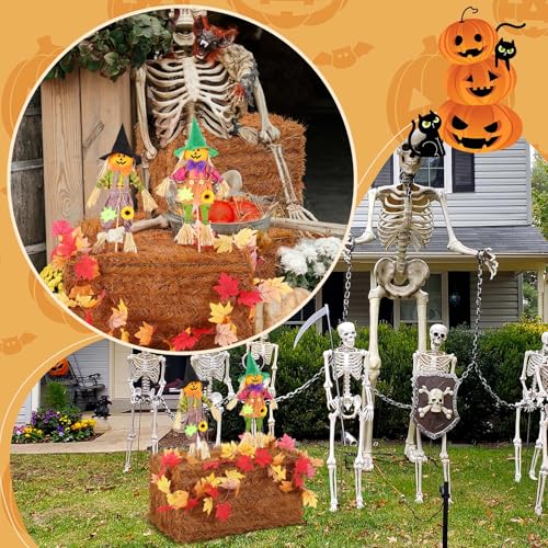 Fall Thanksgiving Hay Bales Set with Scarecrow & Maple Leaf Garland - Weatherproof Decor
