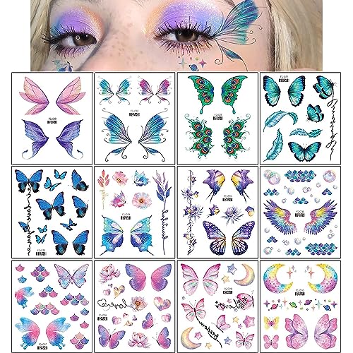 Butterfly Style Glitter Temporary Tattoos for Women and Girls – 12 Sheets, Face & Body Decor