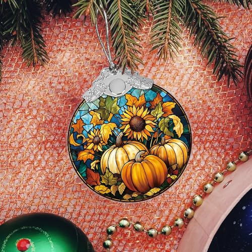 Pumpkin Sunflower Stained Glass Style Christmas Ornament - Fall Harvest Decoration - Indoor Outdoor Holiday Decor - 3.1 x 3.5 Inches