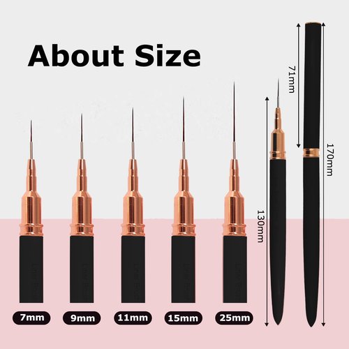 Keepzi Professional Detail Nail Art Paint Liner Brush Set, 5Pcs Small Polish Design Tech Nail Tip Fine Line Striping Brushes, 25/15/11/9/7Mm Skinny Long Bristle Nails Drawing Pincel Para Uñas (Black)
