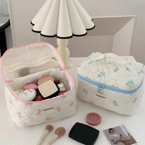 BILIPOPX Cute Makeup Bag Cotton Quilted Cosmetic Bag Floral Aesthetic Toiletry Bag Kawaii Puffy Coquette Travel Organizer Pouch Purse for Women (02Pink Bow)