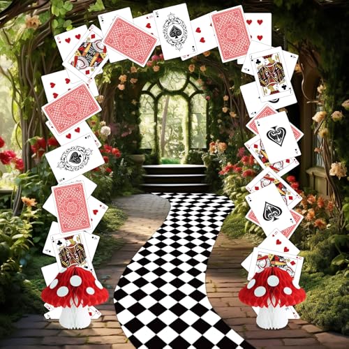 Wonderland Tea Party Decoration Set with Poker Cards, Checkered Runner & Mushrooms