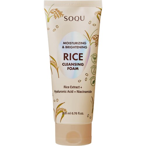SOQU Rice Foam Cleanser with Niacinamide & Hyaluronic Acid – Gentle Korean Face Wash for Hydrating & Brightening – Made in Korea – 200ml