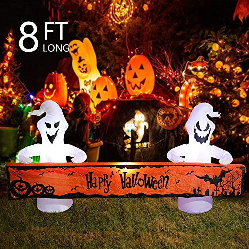 8FT Ghost Inflatable Halloween Yard Decor with Happy Halloween Banner - Outdoor Lighted Ghosts