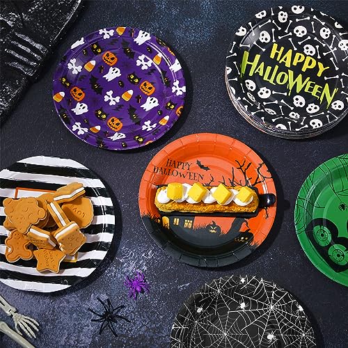 Umigy 120 Pack Halloween Paper Plates 7 Inch Pumpkin & Spider Web Design - Classic Color Variation