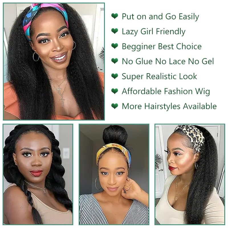 Zealady Kinky Straight Human Hair Headband Wig - 12A, 180 Density, Yaki Straight, Glueless, Half Wig for Black Women - 12 inch
