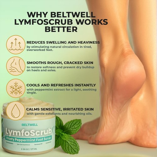 Beltwell® LymfoScrub™ Frosty Peppermint Body Scrub & Foot Cream - Gentle Exfoliator for Sensitive, Cracked Feet