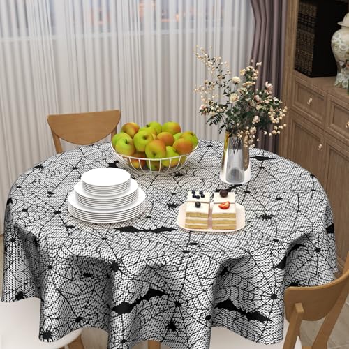 Halloween Bat Tablecloth 60 Inch Round Spider Web Design Washable & Stain-Resistant