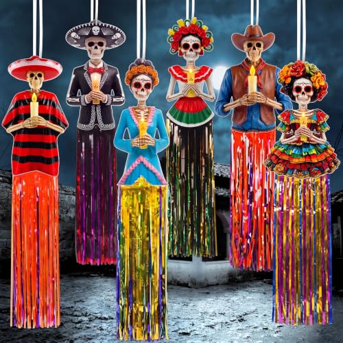 Day of the Dead Hanging Sugar Skull Decorations - Candle Style, 6 Pieces, 3 Ft