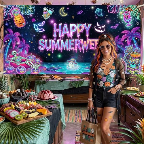 Summerween Halloween Banner - Tropical Pink Pumpkin Wall Decor 70.8x35.4 Inches