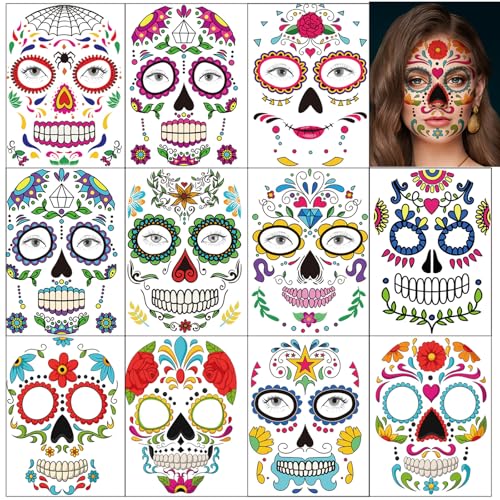 Day of the Dead Temporary Tattoos Halloween Face Stickers 11 Sheets - Pattern-2