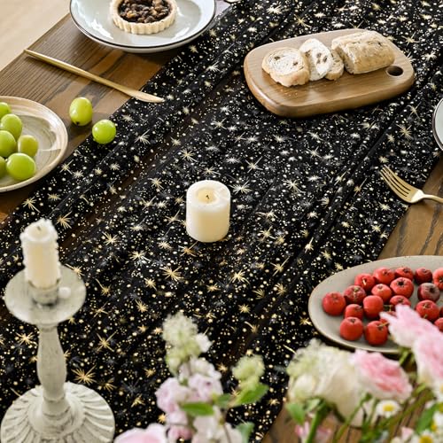 Horaldaily Black Gold Star Gauze Tablecloth 60x84 Inch Rectangular - Durable Polyester Home Decor