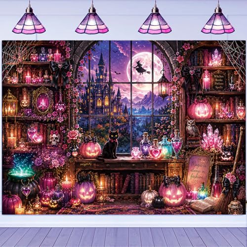 Halloween Witch Library Backdrop - 10x8FT Spooky Gothic Party Decoration