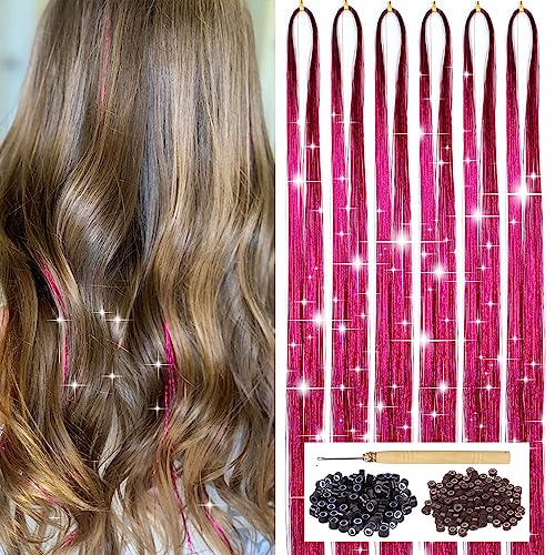 Rose Red Glitter Hair Tinsel Kit for Girls - 47 Inch Long Extensions with Tools