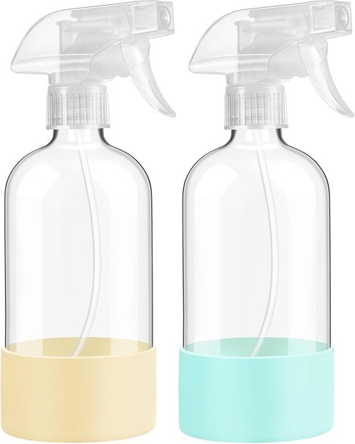 Skiennix Glass Spray Bottles - 16 oz Reusable with Silicone Sleeve & Adjustable Nozzle | 2 Pack in Pale Yellow & Mint Green