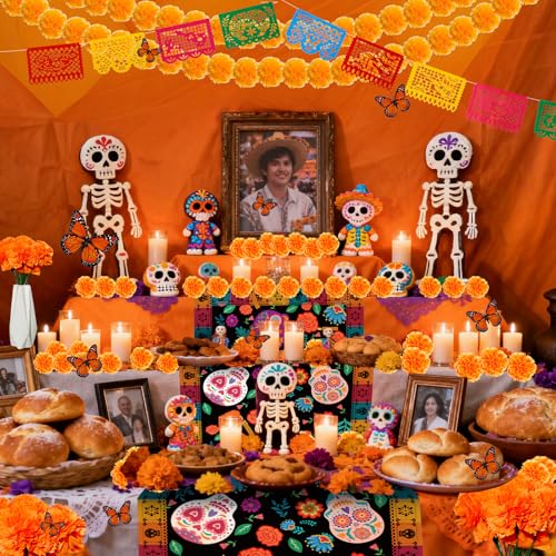 Dia De Los Muertos Decorations Set No Lights with Marigolds Papel Picado Butterflies & Table Runner