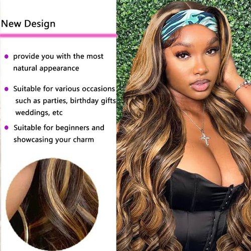 Comfair Ombre Headband Wig Human Hair #4/27 Highlight Body Wave Headband Wig Glueless None Lace Front Wig Brazilian Virgin Human Hair Wigs for Black Women Wear andGo Wig 180% Density 12 inch