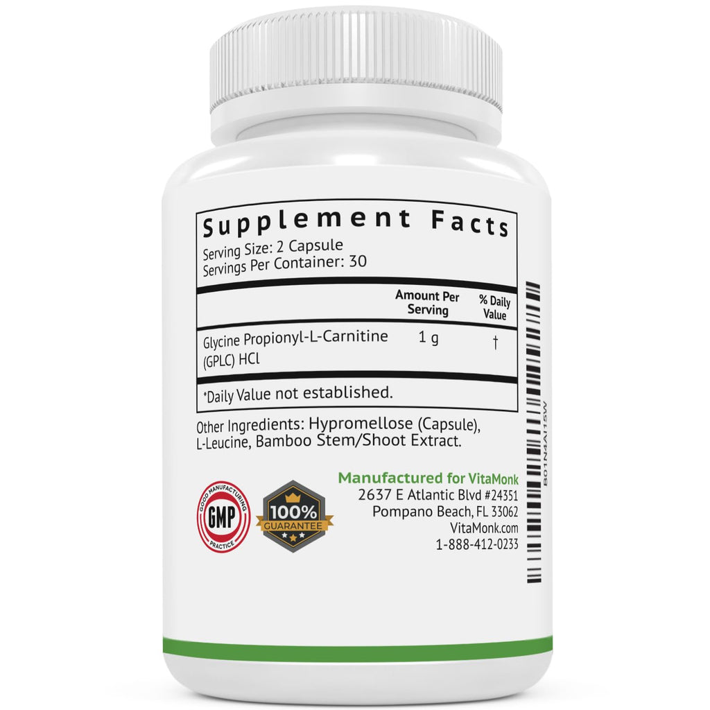 VitaMonk GlycoTrax - High Absorption GPLC Supplement - No Artificial Fillers - GPLC Glycine Propionyl-L-Carnitine Capsules Supplements to Support Healthy Blood Flow - 60 Capsules