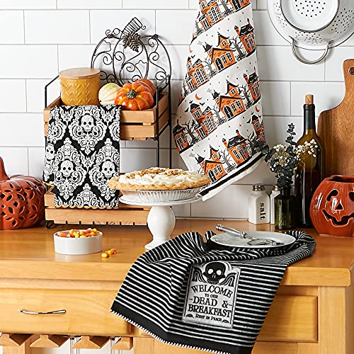 Halloween Dishtowel Set - Skull Damask & Haunted House Embellished Cotton Kitchen Towels, 3 Pack, 18x28 Inches