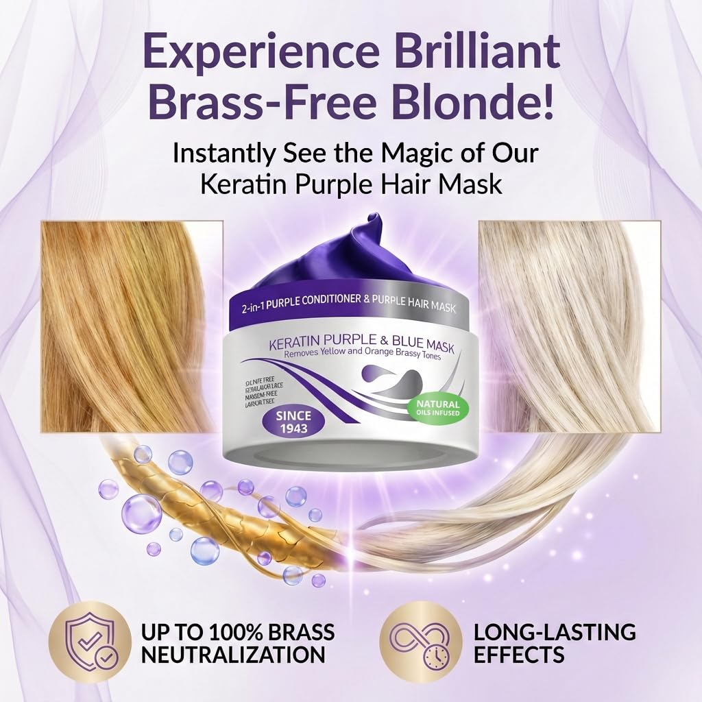 VITAMINS Keratin Purple Hair Mask - Deep Conditioner for Blonde, Silver, Gray & Brown Hair