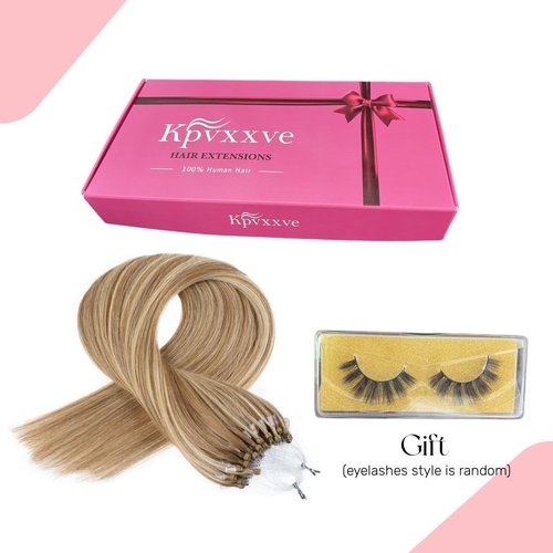 Kpvxxve Micro Ring Hair Extensions Human Hair Micro Loop Human Hair Extensions 1g/Strand 50g Natural Hair Micro Bead Hair Extension (#8/613 Ash Brown Mix Bleach Blonde, 16inch)