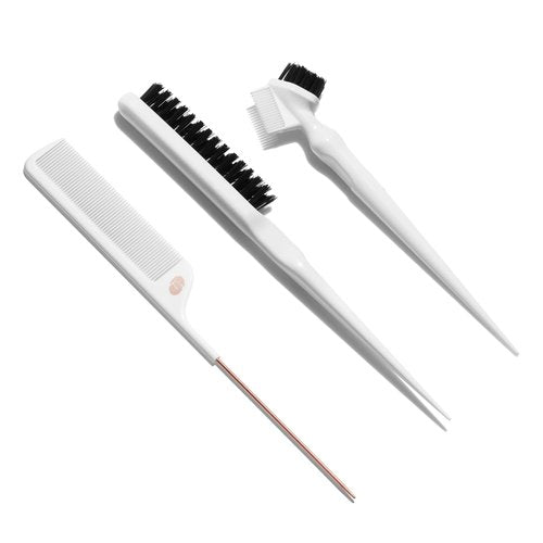 T3 Detail Set with Pintail Comb, Edge Brush, and Teasing Brush, Three-Piece Hair Brush and Comb Set with Premium Vegan Boar Bristles and Flexible Teeth for Smoothing, Detailing, and Styling Edges