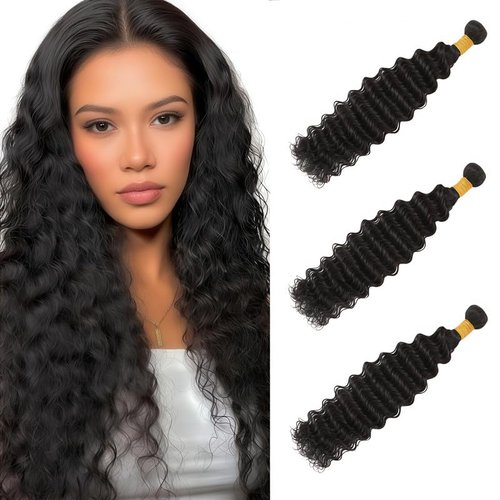 Deep Wave Human Hair Bundles 8 10 12 Inch Black 3 Bundles Deals for Black Women Virgin Human Hair 12A Double Weft Quick Brazilian Hair Weave