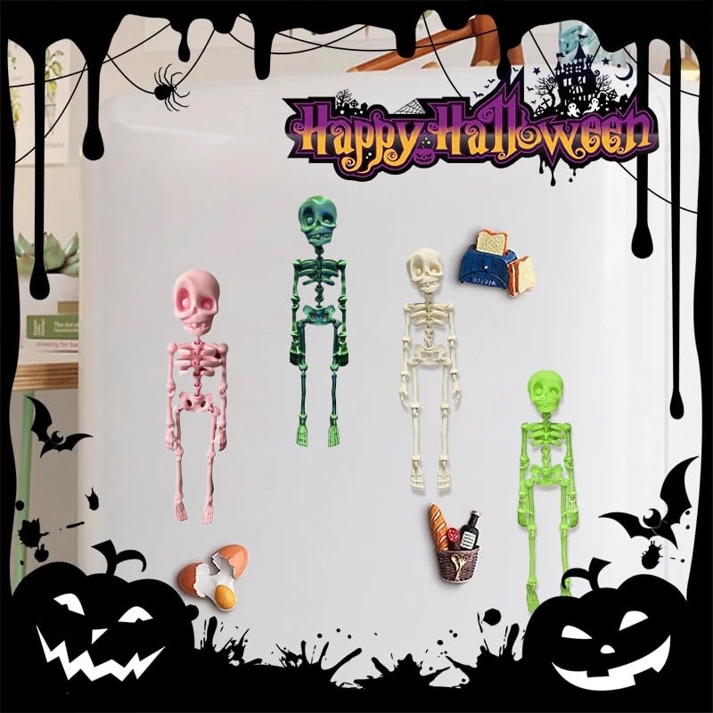 Poseable Skeleton Fridge Magnet - 3D Printed Green Skeletons in Multiple Poses, 7 Inch - Magnetic Halloween Décor