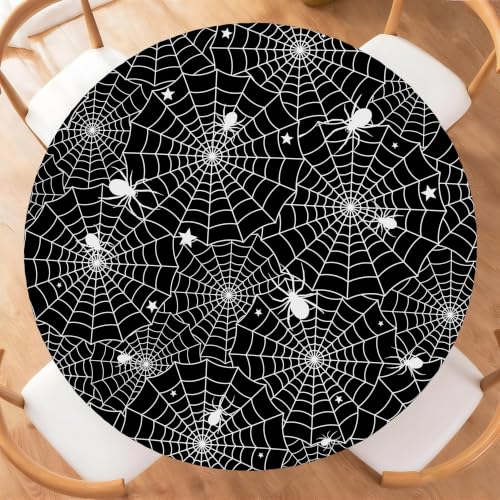 Halloween Spider Web Round Fitted Tablecloth 44 Inch Waterproof & Stain-Resistant