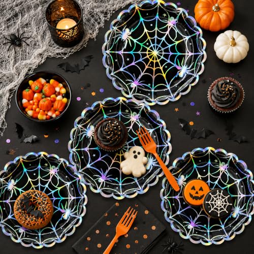 Spider Web Halloween Paper Plates 7 Inch - 50 Pack, Holographic Design